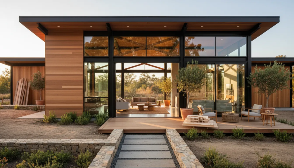 Handcrafted modern dream home at golden hour with warm cedar siding, stone accents, large glass windows revealing timber-beamed open-plan interior and a wooden deck—intentional design and craftsmanship.