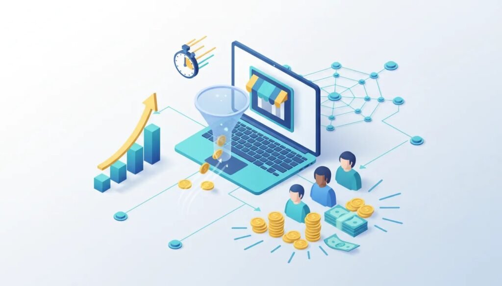 Isometric illustration of a fast-growing digital business with laptop storefront, coins, sales funnel, upward arrow and distribution network, no text