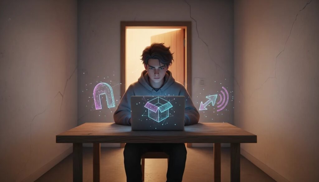 Cinematic illustration of a determined young entrepreneur working online from a small room, with abstract e-commerce symbols floating around a glowing laptop screen.