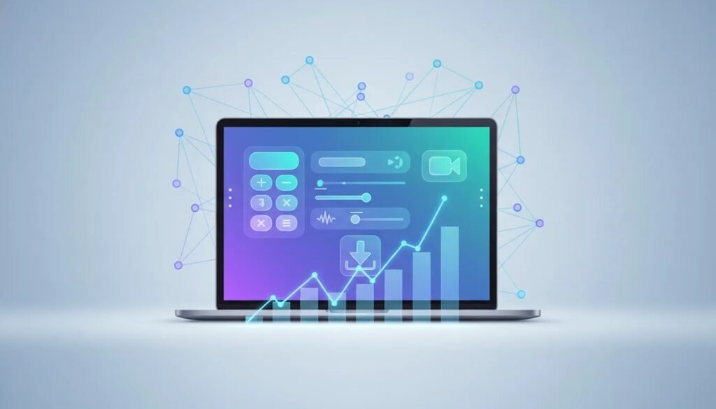 Abstract depiction of an AI-powered utility website earning revenue, with calculator and conversion icons on a laptop screen and subtle upward growth visuals, no text.