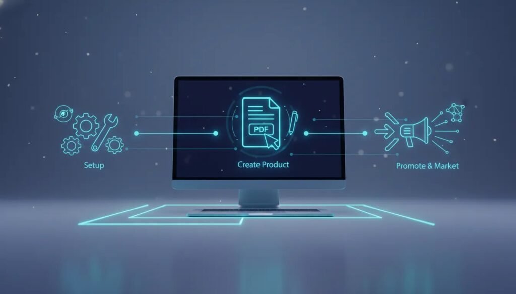 Futuristic step-by-step digital workspace illustration illustrating how to set up an online store, create a digital product, and promote it for sales in 2026 (no text).